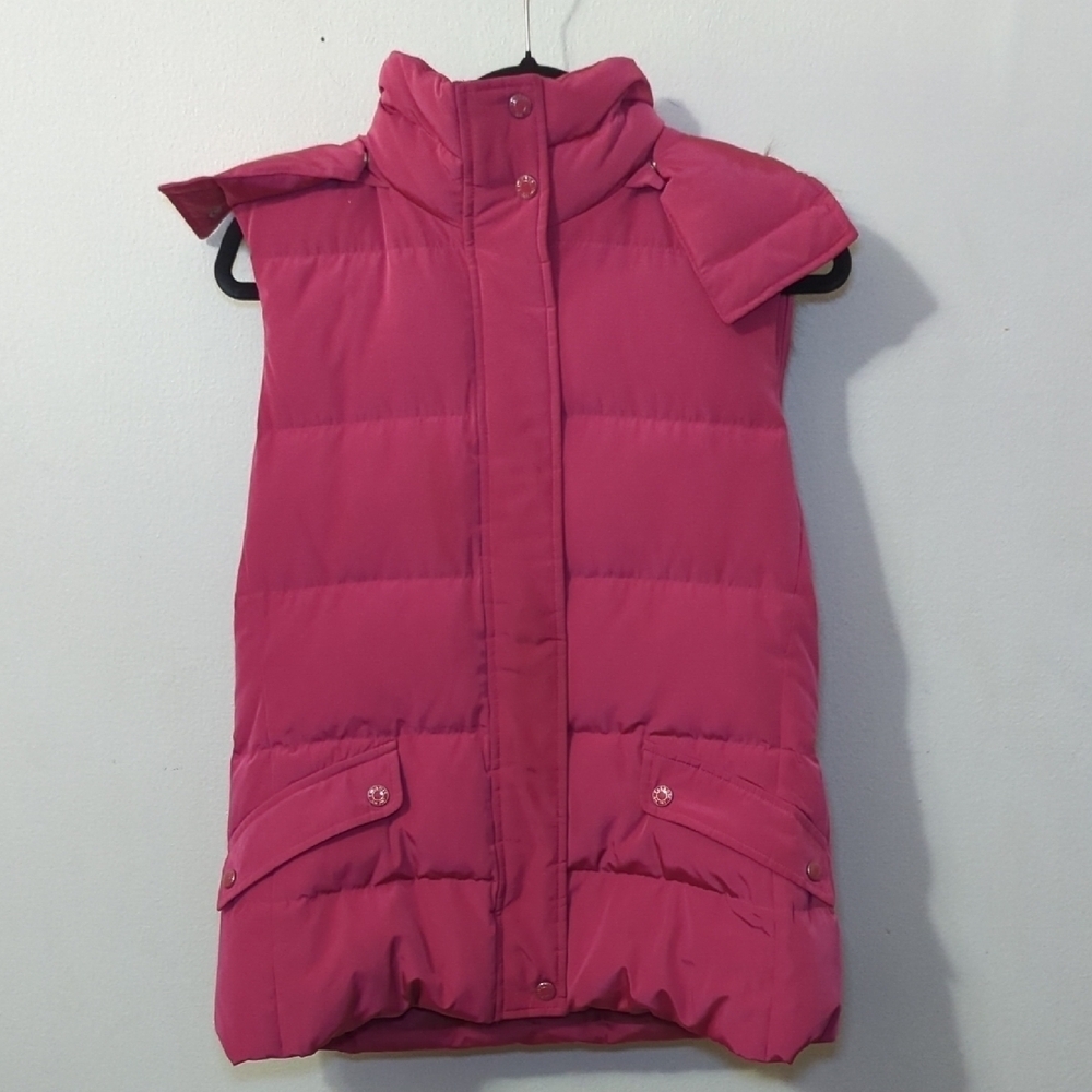 Talbots Duck Down-Filled Puffer Vest Pink Hooded Faux Fur Women's Size M